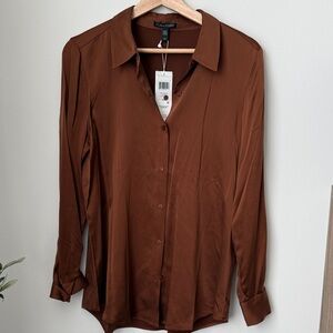 Eileen Fisher Silk Rich Brown Casual Button Down Shirt Size S